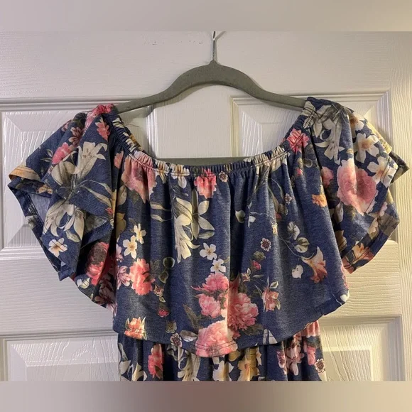 PinkBlush Blue Floral Off Shoulder Maternity Maxi Dress. - Picture 2 of 4